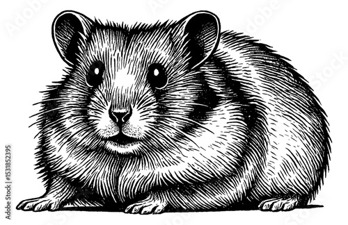 Detailed Engraving of a Hamster Portrait in Black and White Line Art Style