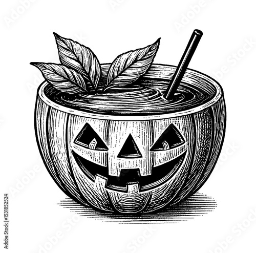 Halloween Pumpkin Cocktail Bowl with Straw and Leaves in Black and White Engraving Style