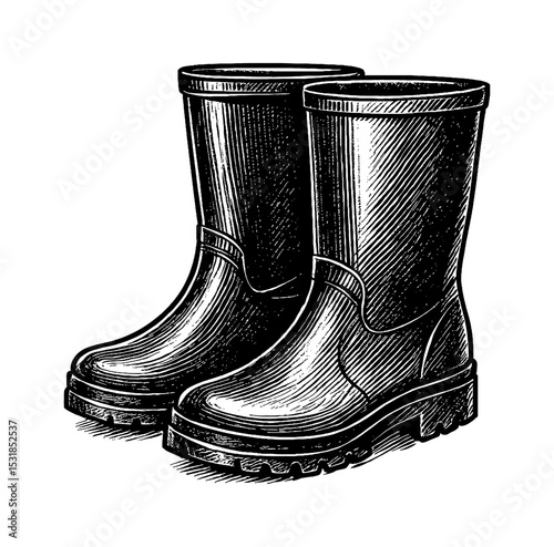 Pair of Rubber Boots Black and White Engraved Illustration Style Viewed from Eye Level