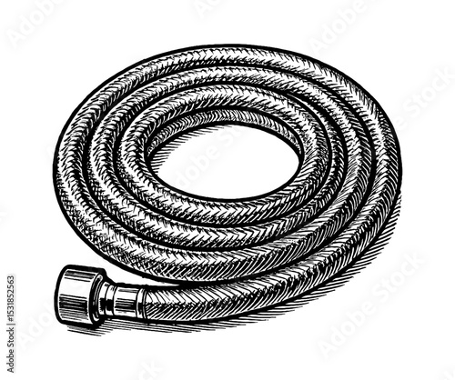 Black and white drawing of a braided stainless steel flexible water hose
