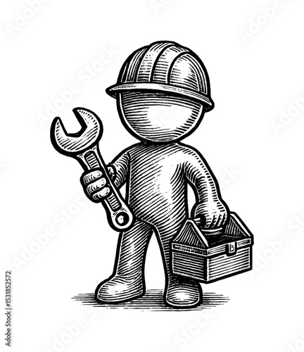 Cartoon Character Holding Wrench and Toolbox in Detailed Black and White Line Art Drawing