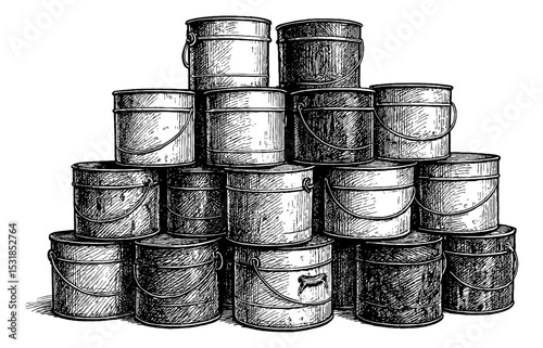 Stacked Paint Cans in Black and White Engraving Style Vector Illustration