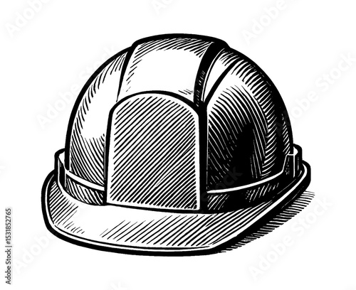 Illustration of Black and White Hard Hat, Construction Safety Equipment in Engraving Style