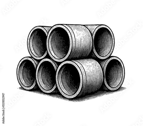 Stack of Pipes Engraved Illustration Style in Black and White Detailed Drawing with Line Art