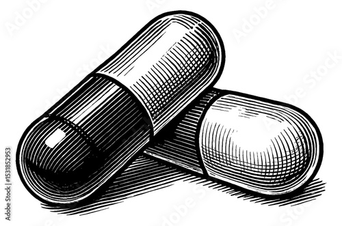 Two Pill Capsules in Detailed Black and White Engraving Style Close Up