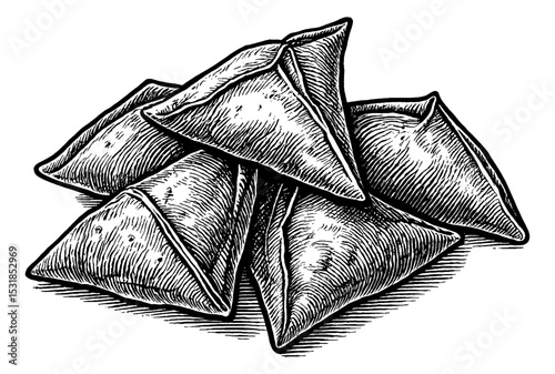 Pile of Samosas in Detailed Black and White Engraving Style Line Art Drawing
