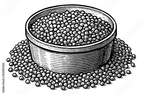 Engraved Illustration of Caviar in a Can Surrounded by Caviar Pearls