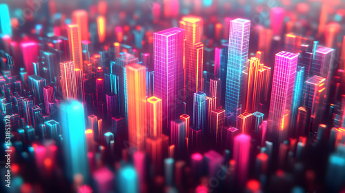 Vibrant Neon Cityscape: Glowing Geometric Towers and Dynamic Lights