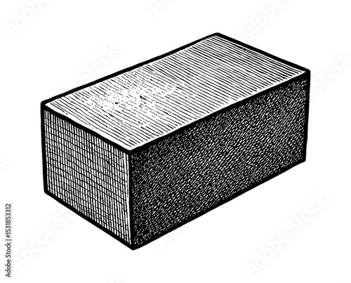 Illustration of a rectangular block with detailed line art in black and white color