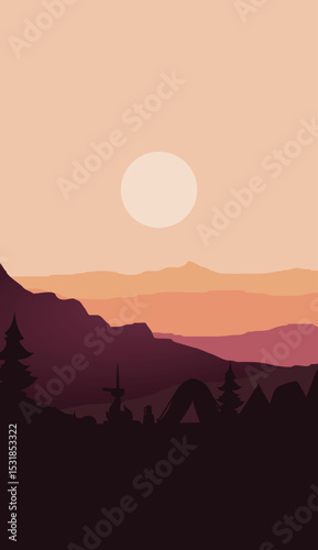 simple vertical flat vector mountain scenery and camping silhouette