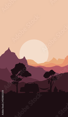 simple vertical flat vector mountain scenery and camping silhouette