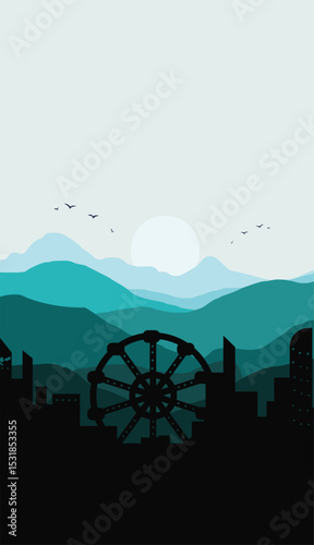 simple vertical flat vector of mountain scenery and playground rides silhouette