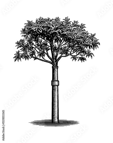 Engraved illustration of a single tree with dense leaves and a cylindrical trunk