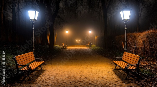 Mysterious evening stroll amid smart city connectivity urban park night photography foggy atmosphere serene viewpoint technology integration