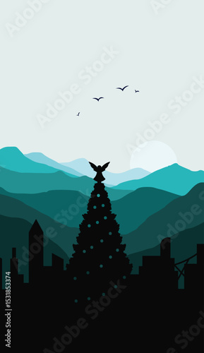 simple vertical flat vector mountain scenery and christmas city silhouette