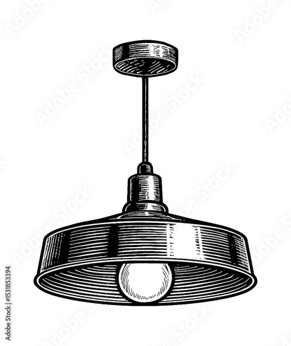 Hanging Lamp Illustration in Detailed Black and White Engraving Style, Industrial Lighting Fixture