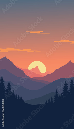 simple vertical flat vector mountain scenery and pine forest silhouette