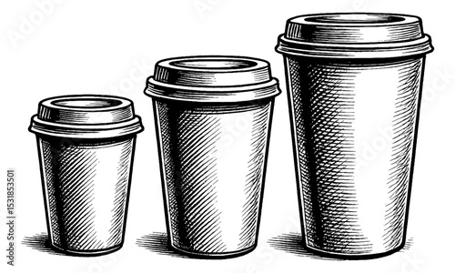 Three Paper Coffee Cups with Lids in Different Sizes, Vintage Style Engraving