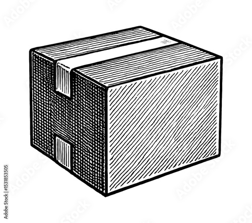 Illustration of a Cardboard Box Sealed with Tape in Black and White Engraving Style