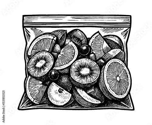 Black and White Engraving Style Illustration of Fruits Inside a Plastic Zip Lock Bag