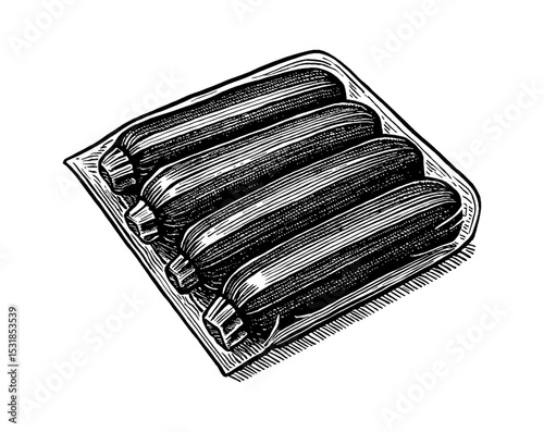 Engraved Illustration of Fresh Zucchinis in Container, Isolated on White Background