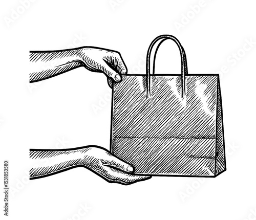 Hand Holding Shopping Bag Illustration in Detailed Black and White Vintage Engraving Style