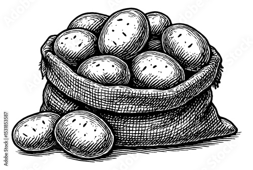 Sack full of potatoes black and white detailed line art illustration