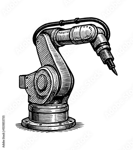 Industrial robotic arm illustration in detailed engraving line art style, automated machinery.
