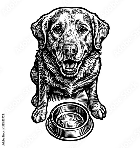 Engraved Smiling Dog Sitting with Empty Bowl in Black and White Detailed Illustration