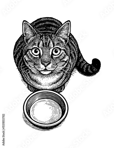Engraved Illustration of a Tabby Cat Looking at Empty Food Bowl Waiting for Food