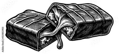 Illustration of Chocolate Candy with Caramel Filling in Black and White Engraving Style