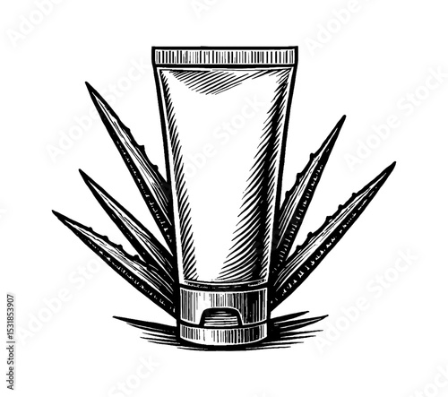 Aloe vera tube illustration, vector drawing of cosmetic product and plant extract