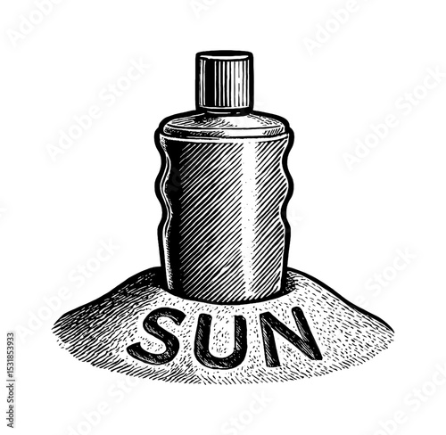 Engraved Sunscreen Bottle with Sun Text in Black and White Detailed Illustration