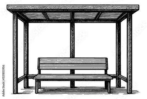 Illustration of a Bus Stop Shelter with Bench Seating in Detailed Black and White Line Art