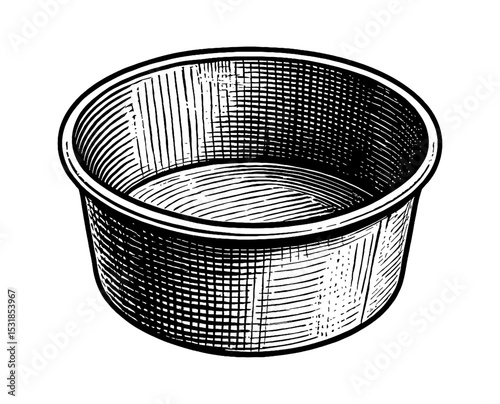 Engraved illustration of empty round container with hatching pattern for product packaging mockup
