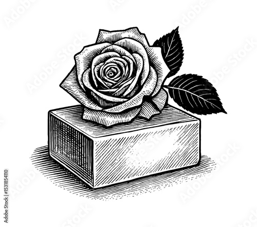 Engraved Rose on a Block, Black and White Detailed Line Art Drawing of Rose and Leaves