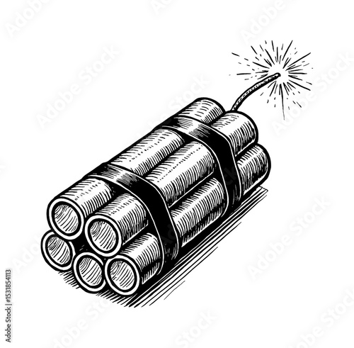 Illustration of Dynamite Sticks Bundle with Burning Fuse in Engrave Style Black and White