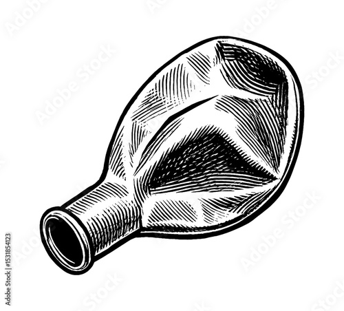 Detailed Black and White Engraving of a Deflated Balloon on White Background