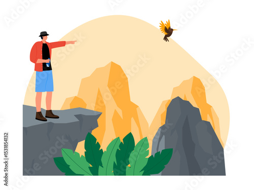 Man doing bird watching from the top of a high cliff. Bird watch illustration. Flat vector illustration.