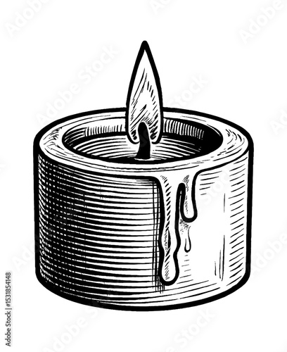 Illustration of a Burning Candle with Dripping Wax in Black and White Detailed Engraving Style