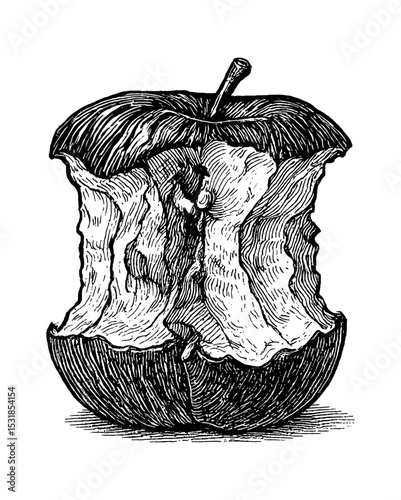 Engraved Apple Core, Black and White Detailed Engraving of Eaten Apple Fruit