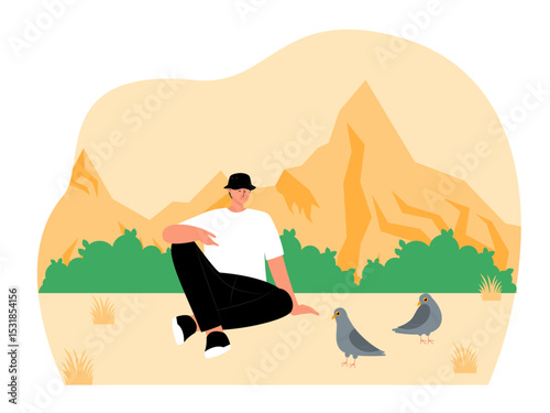 Man sitting and looking at a pair of birds in front of him. Bird watch illustration. Flat vector illustration.