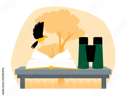Notebook and binoculars lie on the table, there are birds flying above them. Bird watch illustration. Flat vector illustration.