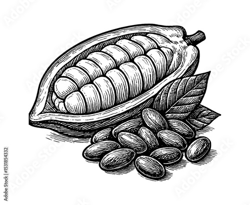 Cocoa bean open with seeds and leaf detailed engraving style black and white vector drawing