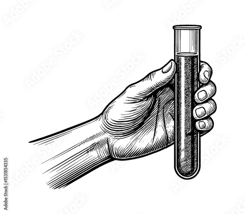Hand holding test tube with liquid viewed close up detailed vintage engraving style drawing