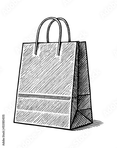 Detailed Sketch of Shopping Bag with Handle, Black and White Illustration Style, Engraved
