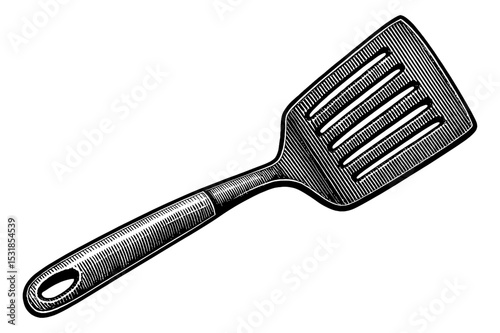 Detailed Engraving of a Slotted Spatula Kitchen Utensil in Black and White