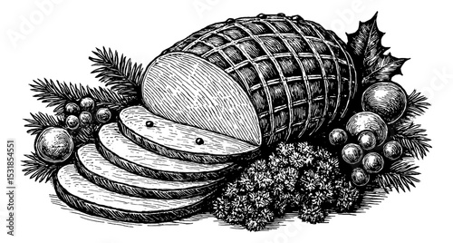 Vintage Engraving Illustration of Sliced Ham with Herbs and Decorative Ornaments
