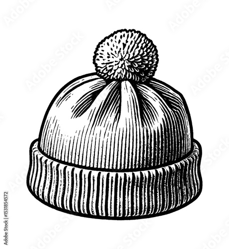 Engraved Illustration of a Winter Hat with Pom Pom in Black and White