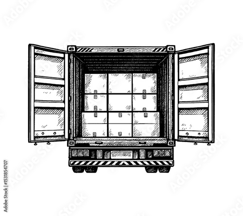 Open shipping container back view with boxes inside, Detailed black and white outline line art